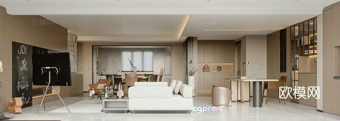 Modern light luxury living restaurant large flat floor no main light model room horizontal hall display cabinet 3D model