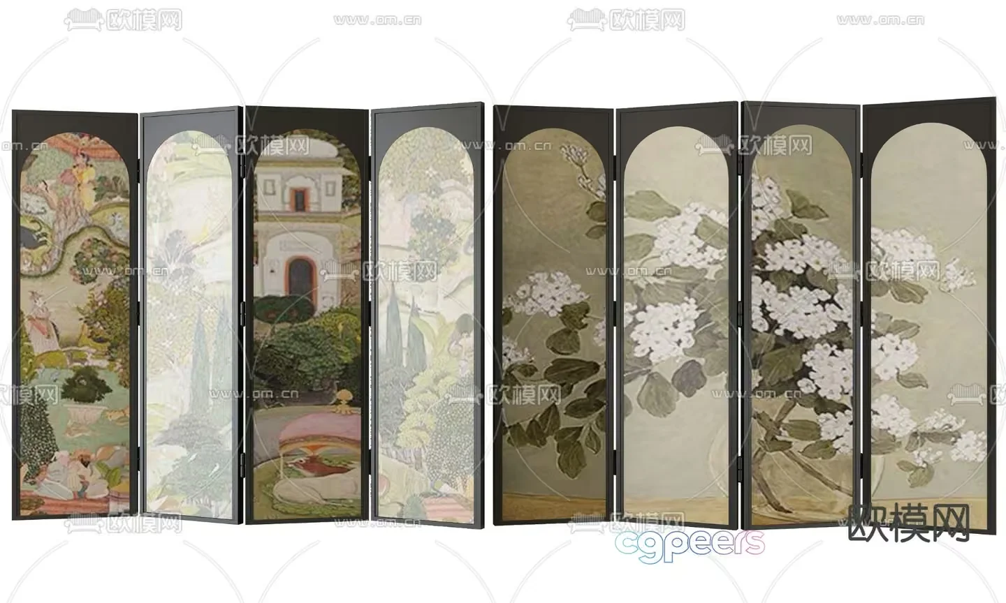 A Four-Panel Screen With A Floral Design 3D Model – 5725 – VRAY Render