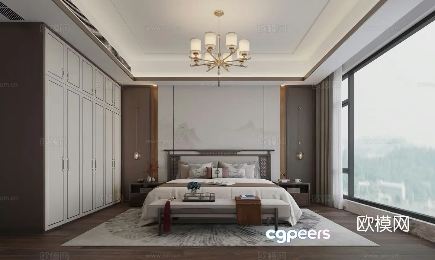 New Chinese style master bedroom New Chinese style bed combination New Chinese style chandeliers 3D model