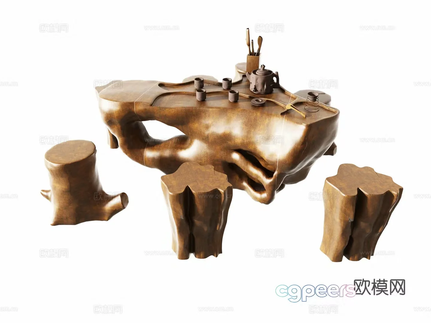 Chinese tea table and tea table and chair combination 3D model