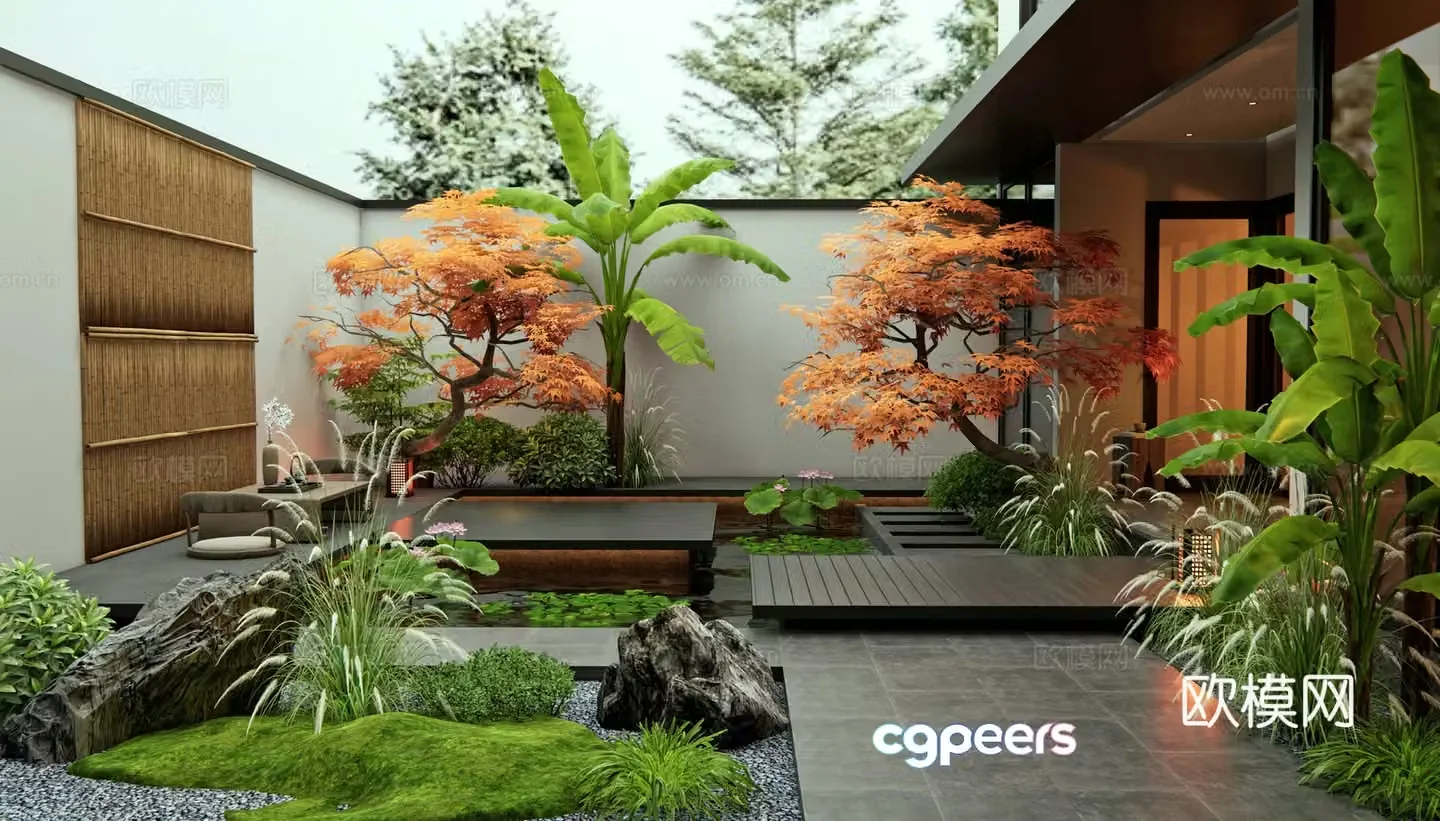 New Chinese style villa courtyard garden villa courtyard yard Tingbu water view lotus red maple banana 3d model