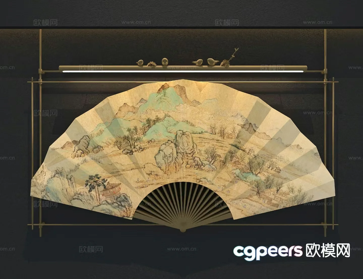 New Chinese style landscape painting decorative painting fan hanging painting 3D model