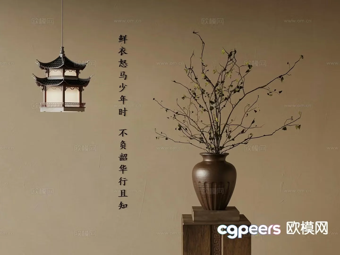 New Chinese style vase flower arrangement ancient building chandelier 3d model