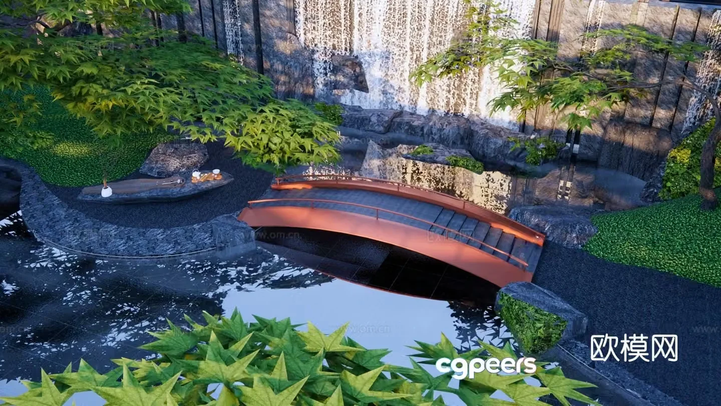 New Chinese style landscape bridge small arch bridge waterfall flowing water 3D model