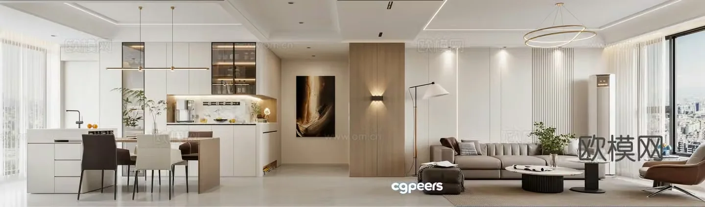 Modern living and dining room sofa combination dining table and chair combination wine cabinet hanging painting air conditioning TV wall 3D model