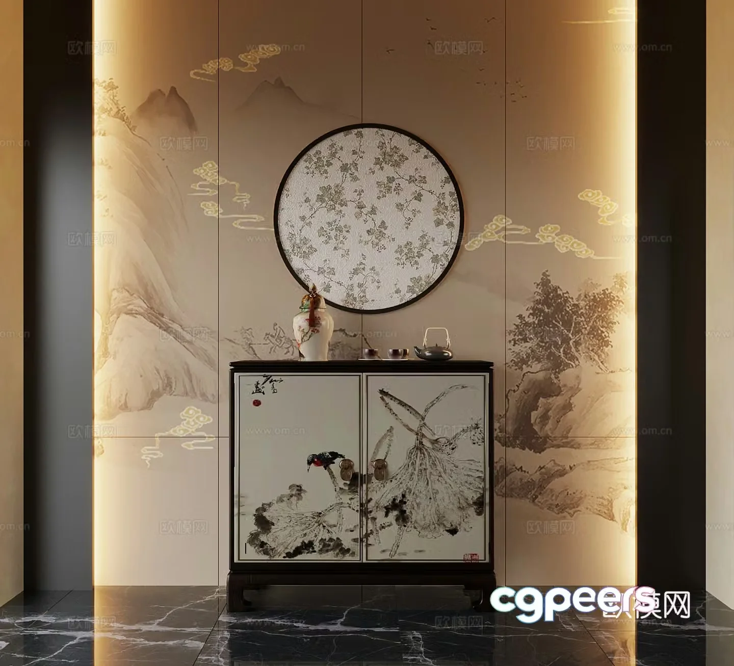 06 New Chinese style entrance cabinet End view cabinet End view platform 3D model
