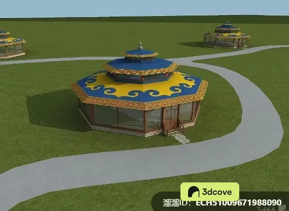 A Mongolian Ger With A Yellow And Blue Roof
