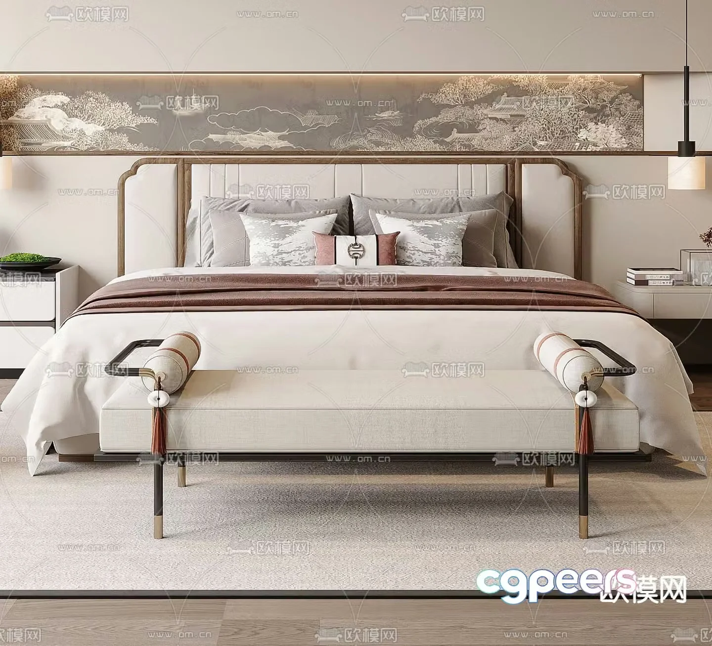 New Chinese style double bed 3d model