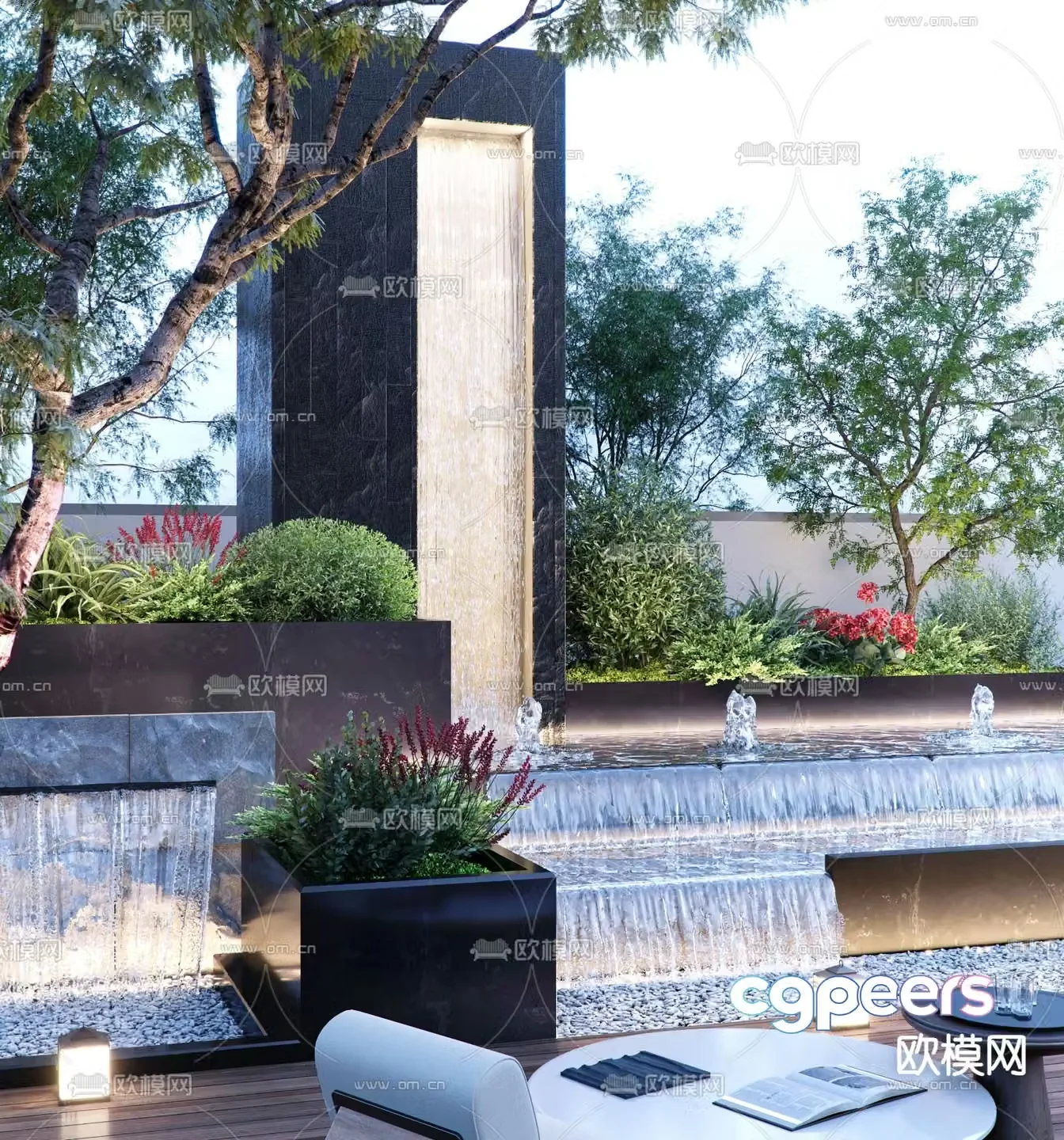 Overlapping water landscape falling water curtain fountain water feature 3D model