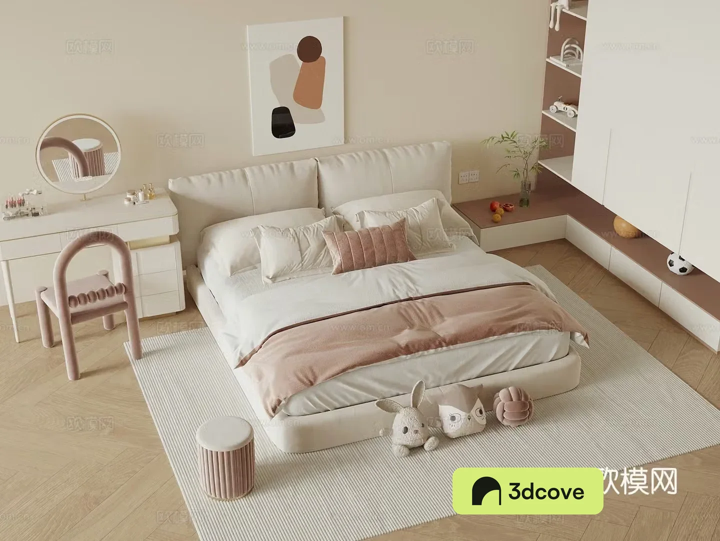 Modern girl room double bed daughter room double bed wardrobe desk chair hanging painting girl room bedroom