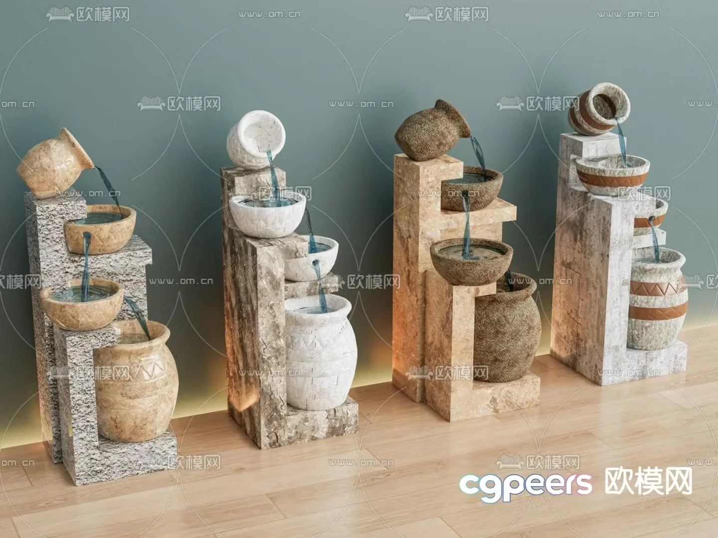 New Chinese style clay pot flowing water garden sketch flowing water sketch 3D model