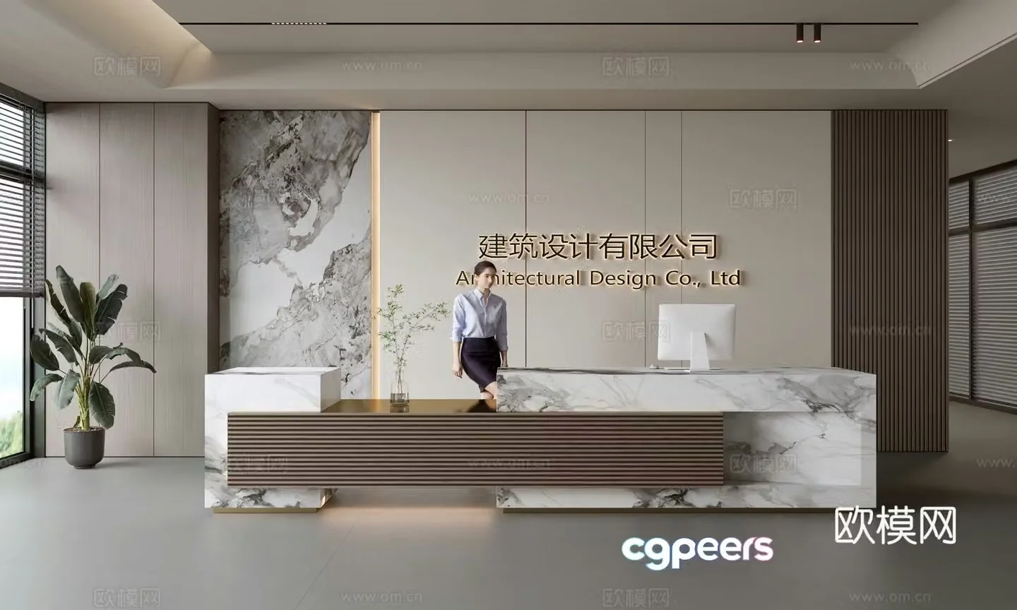 Modern company front desk reception area bar reception desk service desk company front desk background 3D model