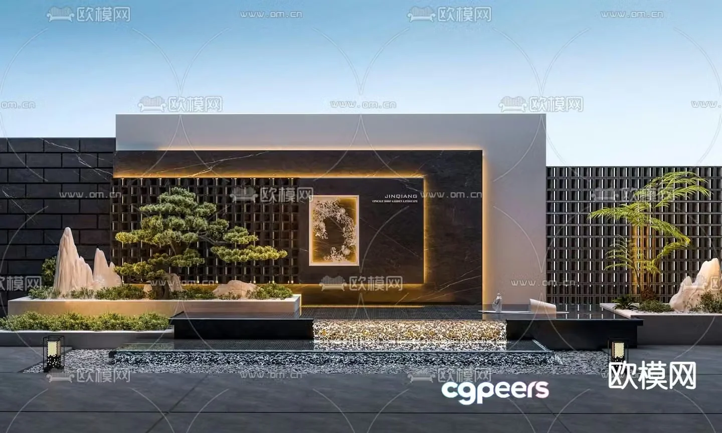 Courtyard landscape stacked water feature wall 3D model