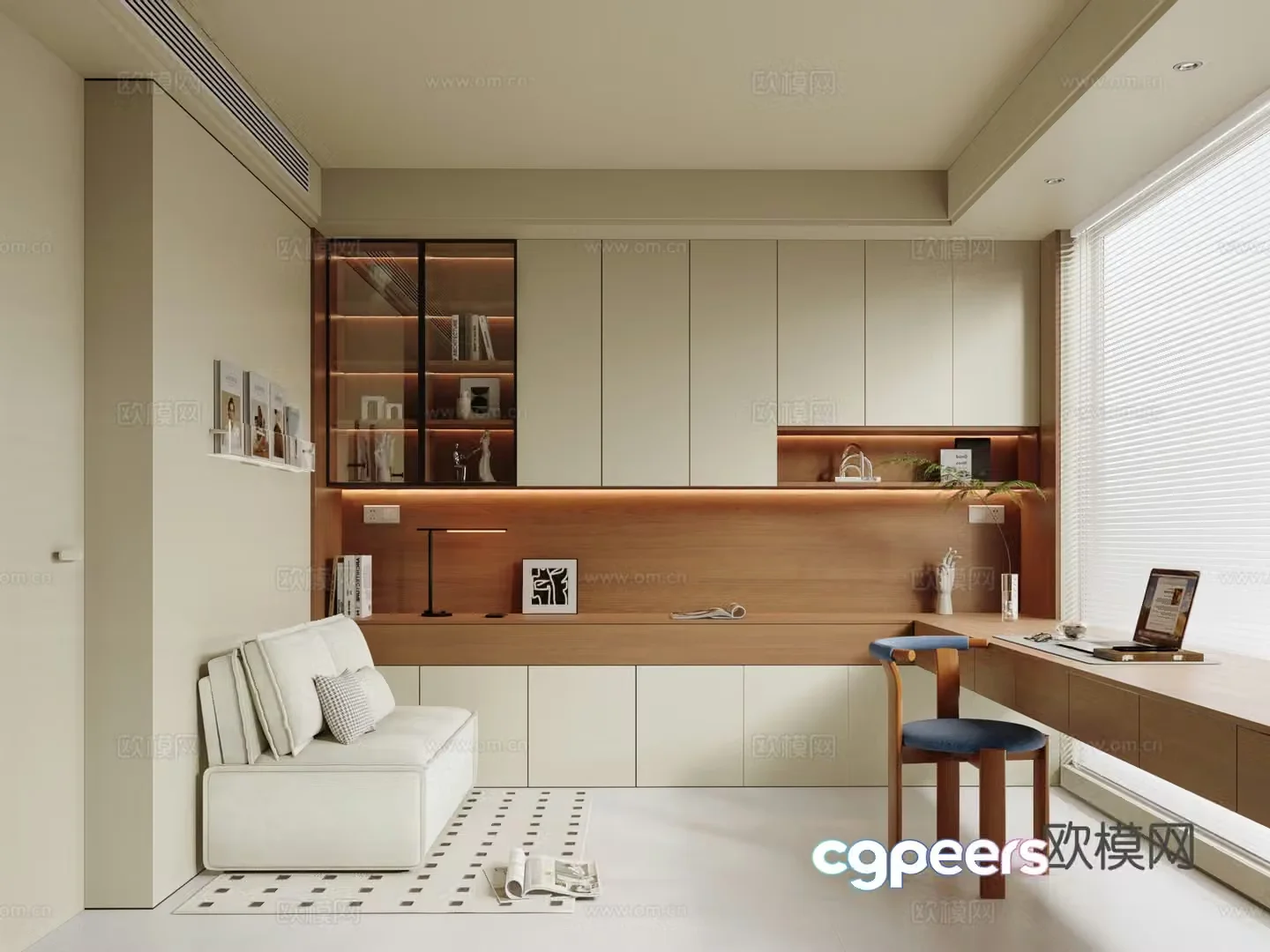 Modern Cream Study Bedroom Study 3D Model