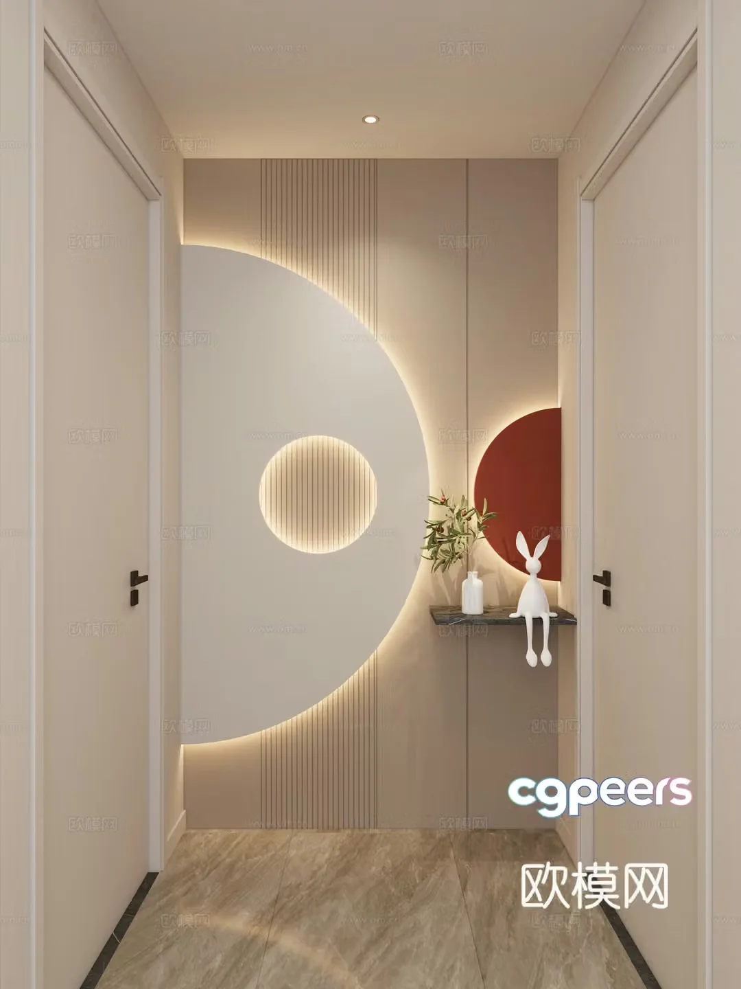 Cream Simple Style Arc Lighting Grille Corridor End View Entrance Entrance 3D Model