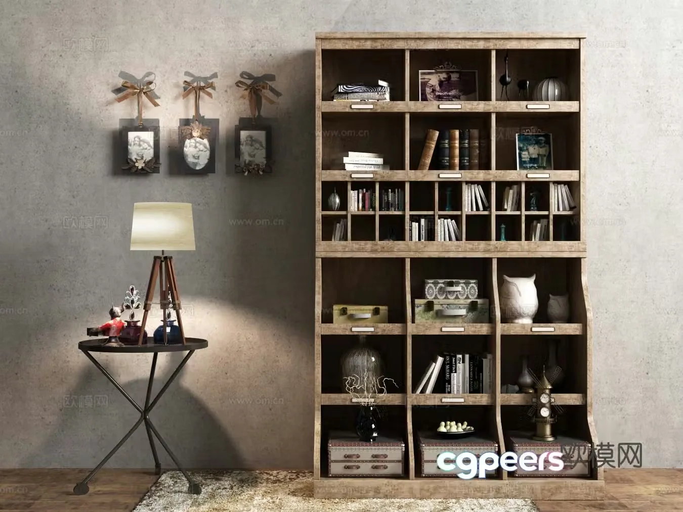 Industrial style bookcase decoration cabinet round photo frame wall decoration carpet book jewelry 3d model