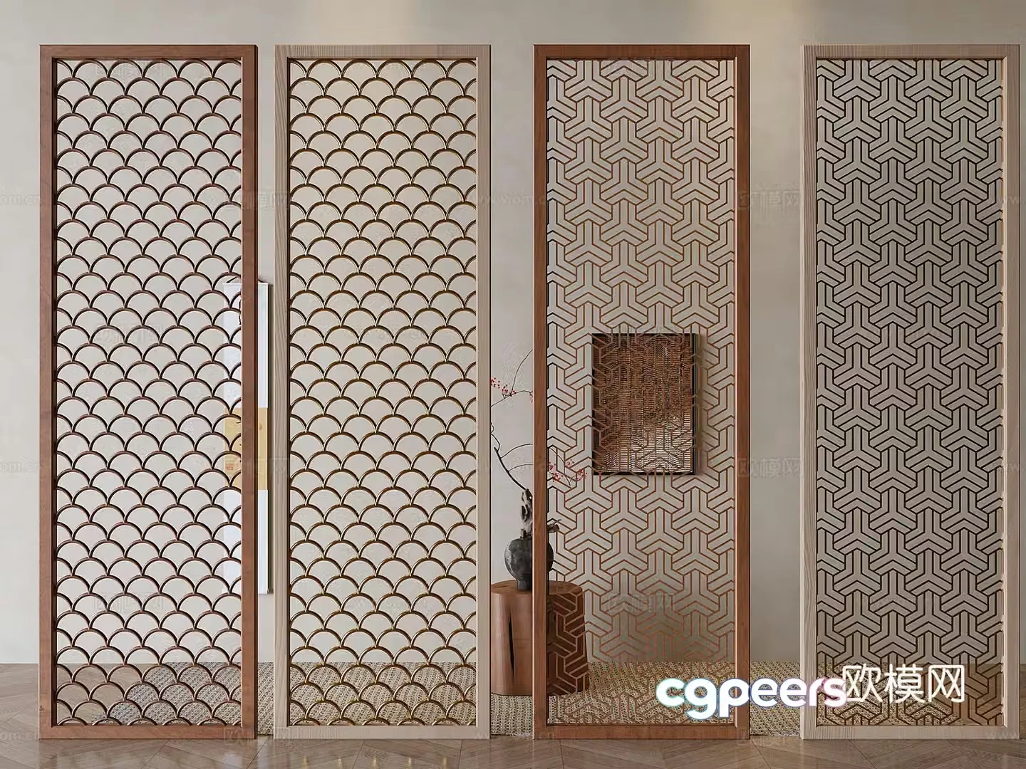 Chinese style lattice entrance partition 3D model