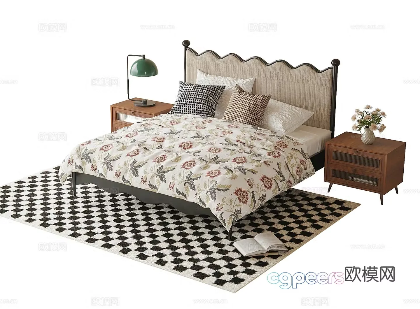 French double bed nightstand desk lamp 3d model