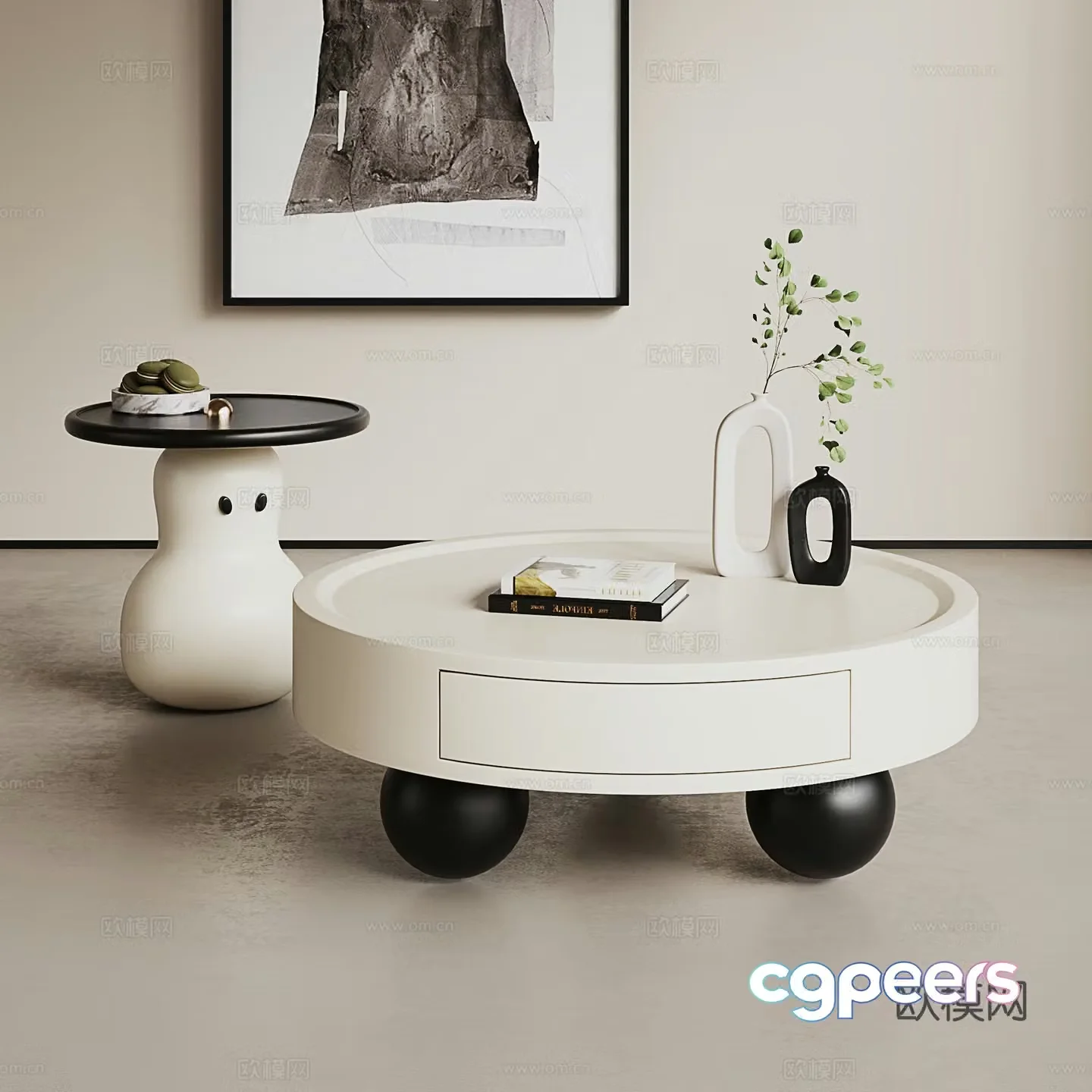 Creamy style tea table combination round tea table combination Italian tea table combination minimalist tea table combination 3D model