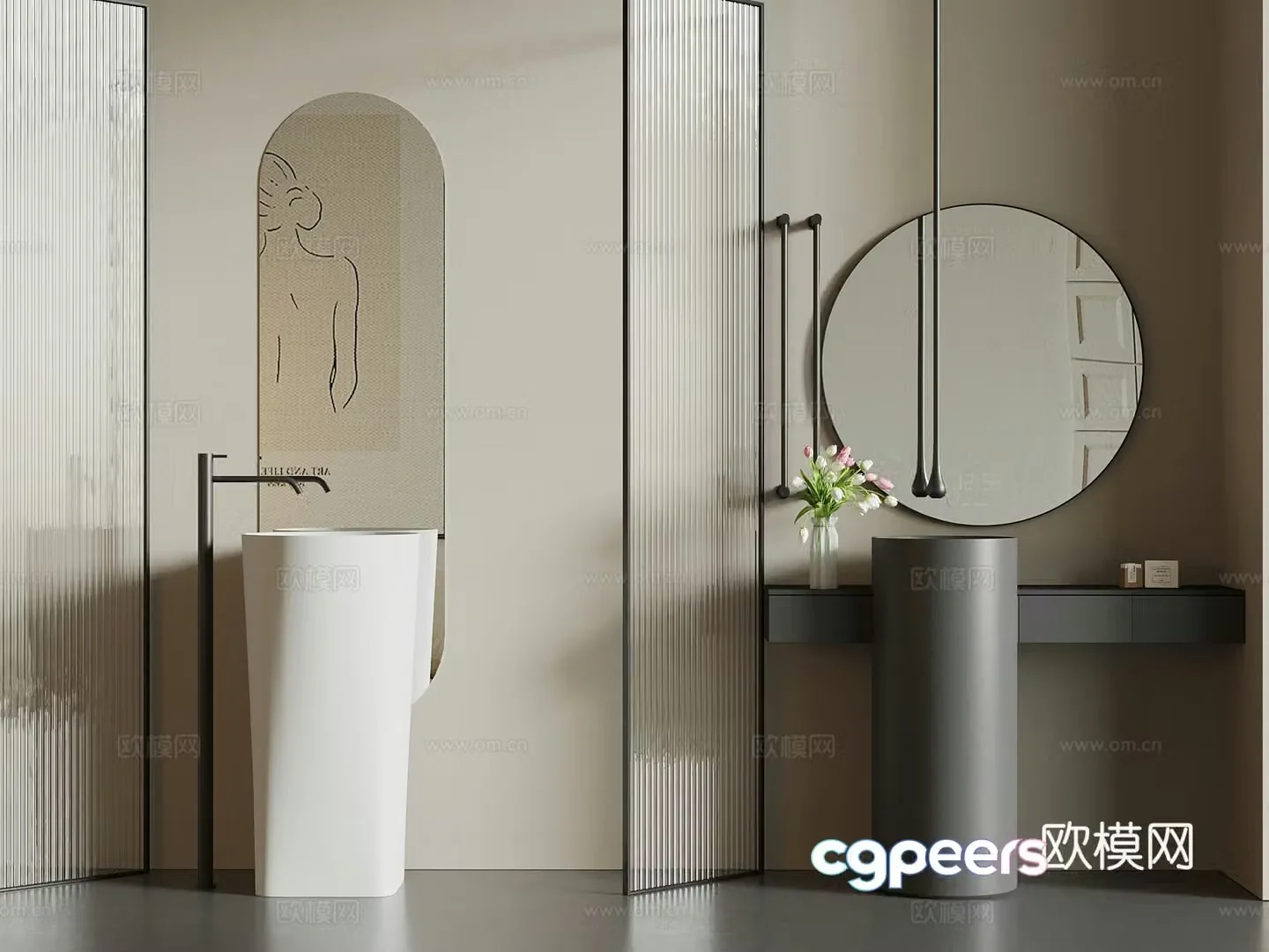 Modern wash basin column basin mirror 3d model