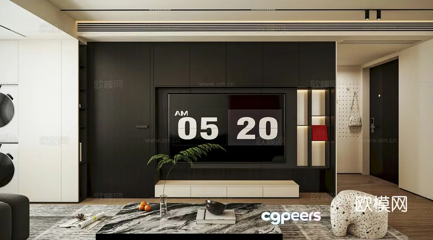 Modern minimalist living and dining room kitchen 3d model