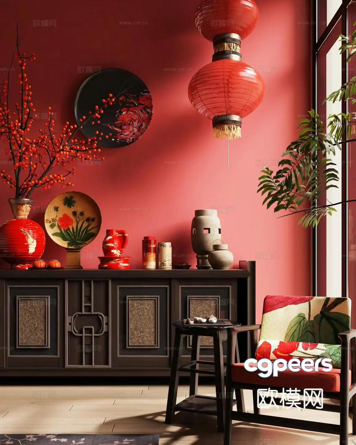 New Chinese style leisure chair corner table side cabinet 3d model