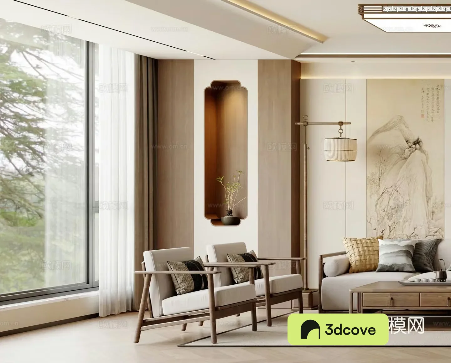 Medium style leisure chair new Chinese style leisure chair side table corner table floor lamp leisure and entertainment room 3D model