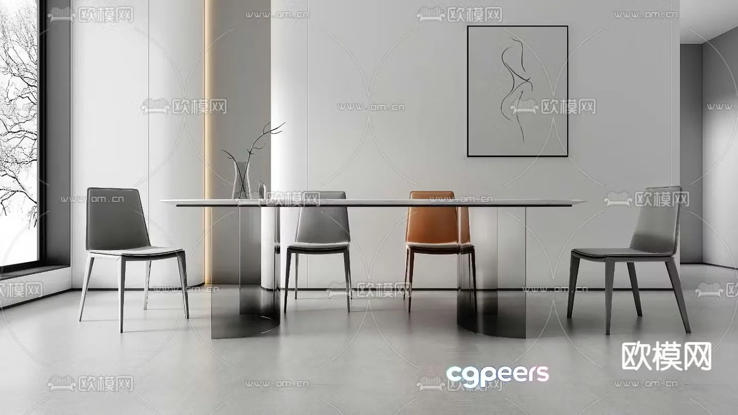 Long dining table and chairs 3d model