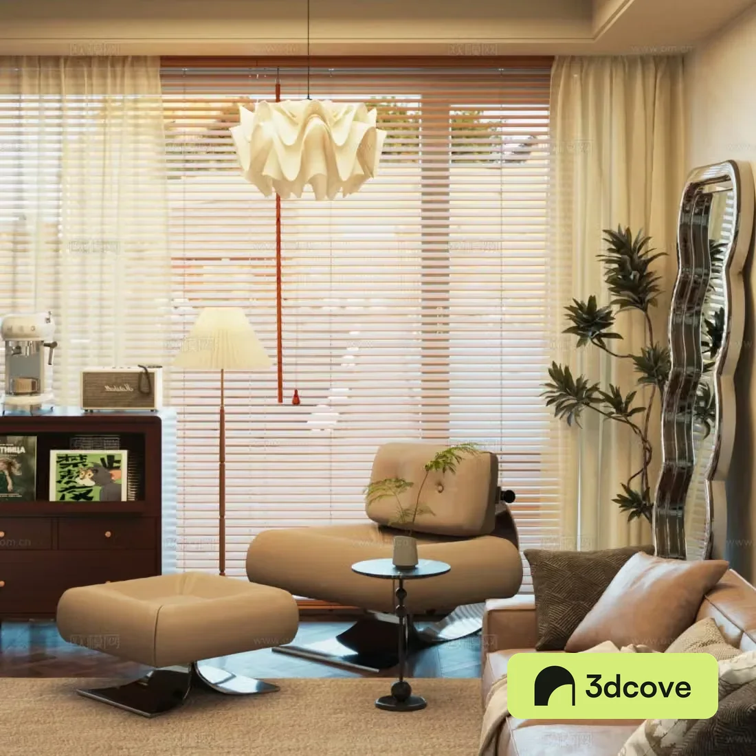 Modern leisure chair light luxury Italian leisure chair footsteps solid wood chest of drawers full-body mirror green plant potted