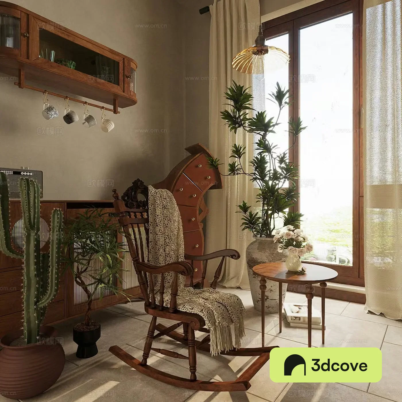 Middle-aged rocking chair decorative cabinet medieval leisure chair solid wood single chair chest of cabinet storage cabinet 3d model