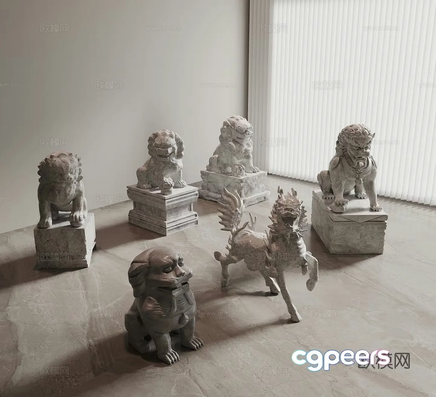New Chinese-style stone lion divine beast stone statue unicorn pixiu divine beast sculpture sketch stone carving door pier 3D model
