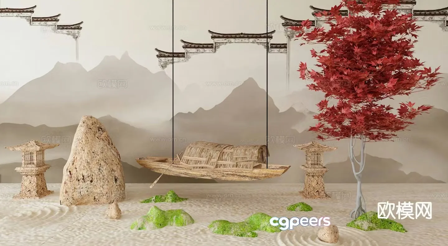New Chinese style landscape sketch dry landscape folk sketch 3D model
