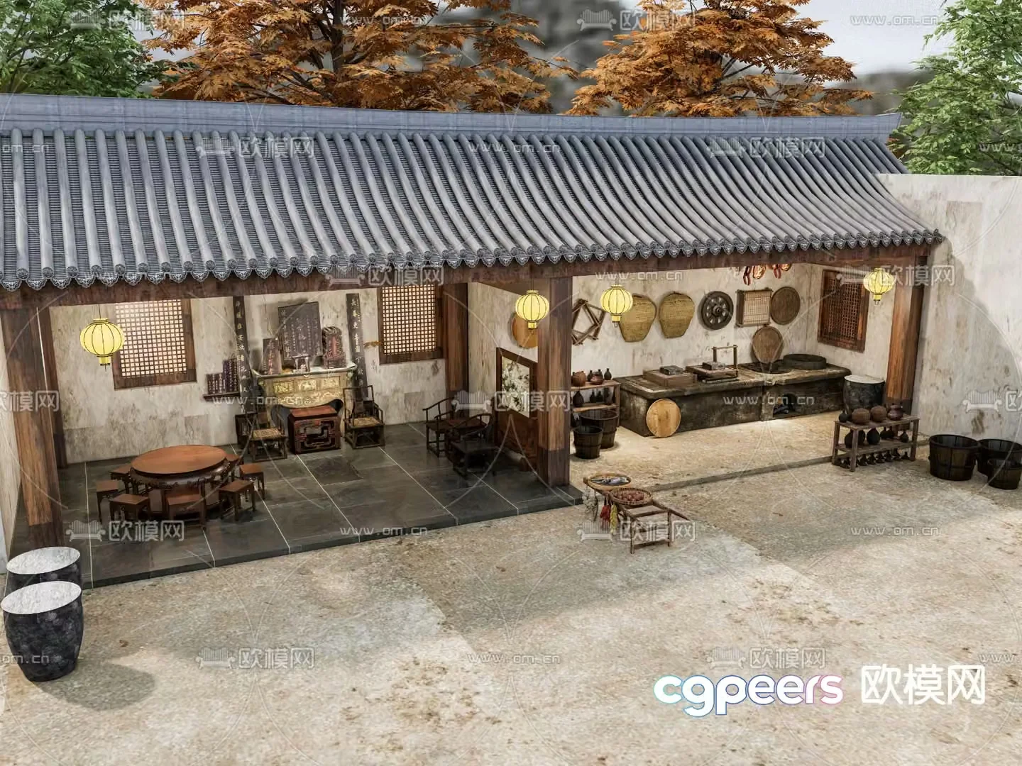 New Chinese style old living room courtyard landscape 3D model