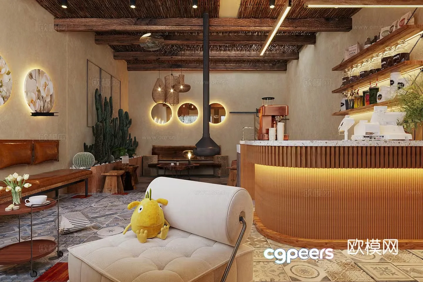 Log Cafe Milk Tea Shop Cake Dessert Shop Coffee Operating Desk 3D Model