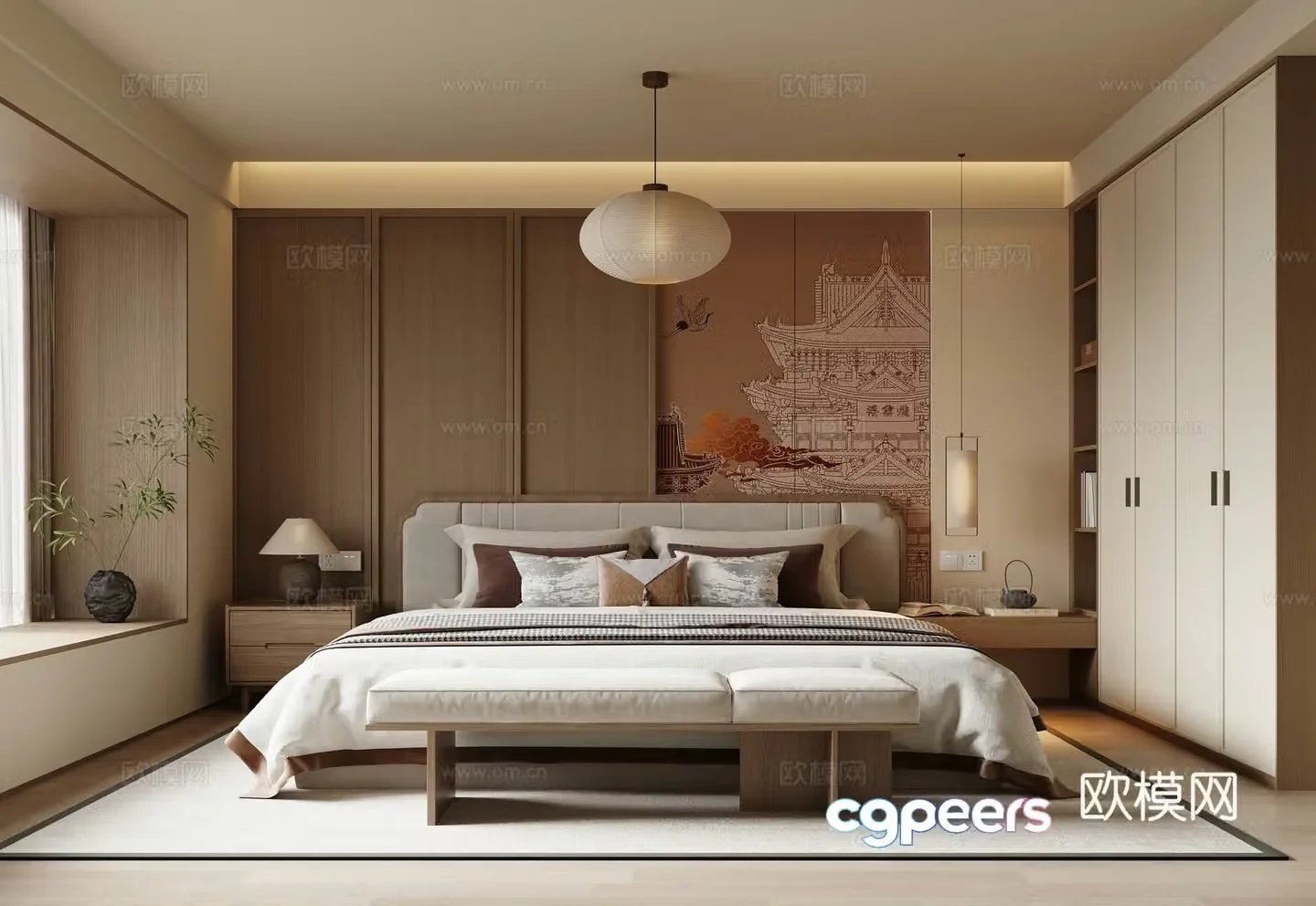 New Chinese Zen Bedroom Song Family Bedroom Bedroom Background Wall Double Bed 3D Model