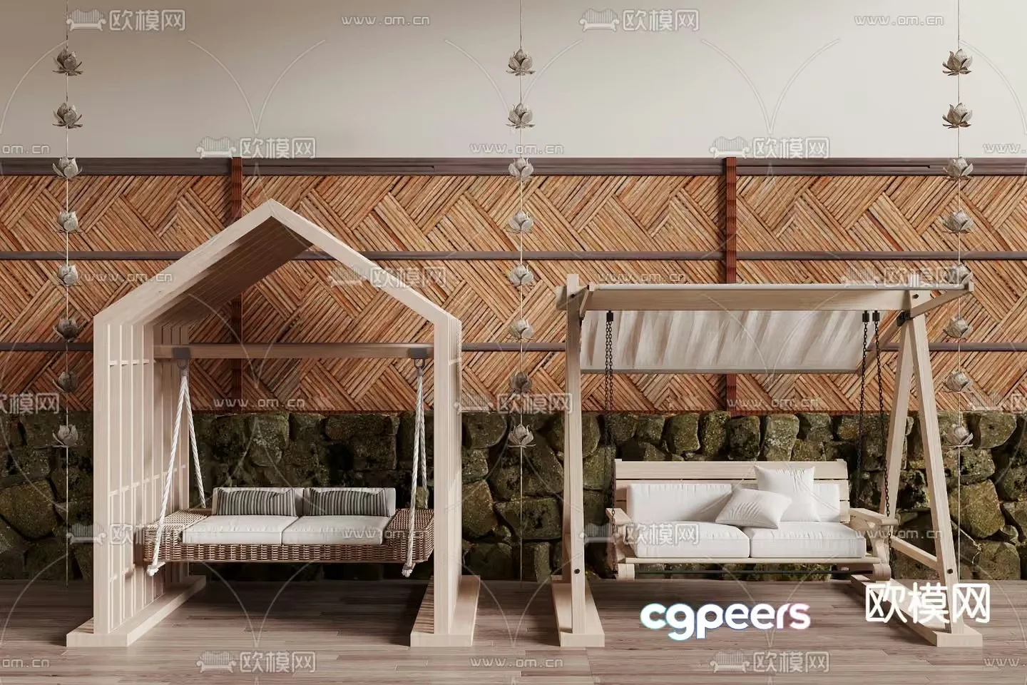 A Wooden Swing With A White Cushion 3D Model – 19526 – VRAY Render