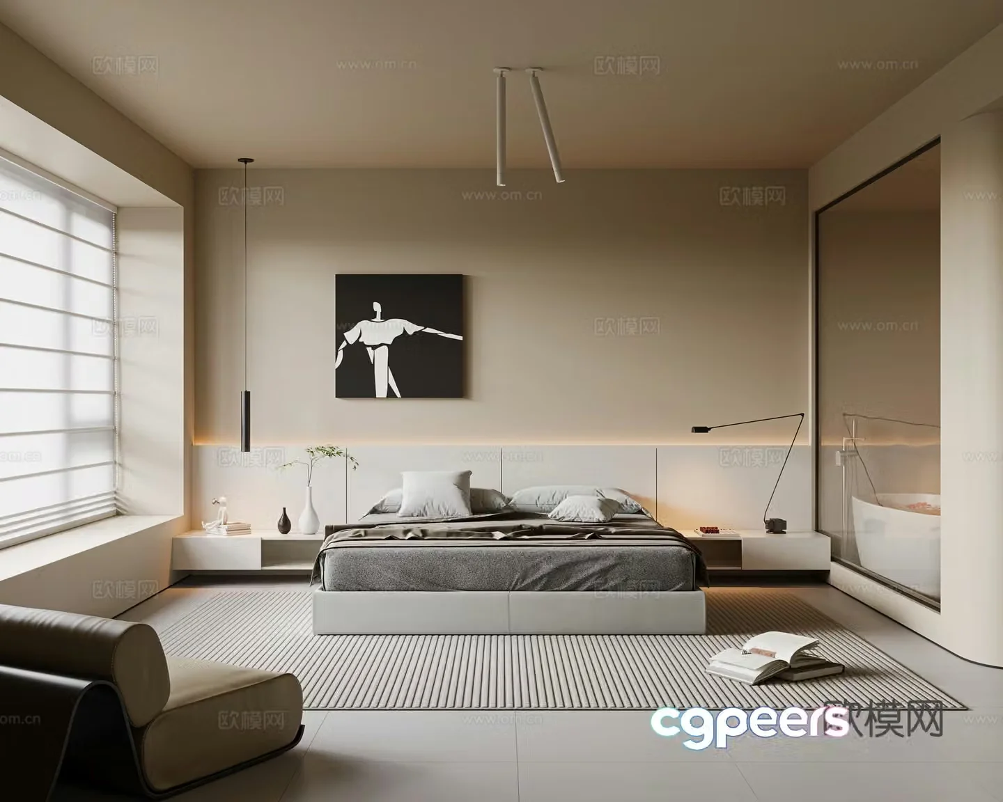Modern bedroom Fabric double bed Single casual chair Side chair Chandelier Custom wardrobe Bedside 3D model
