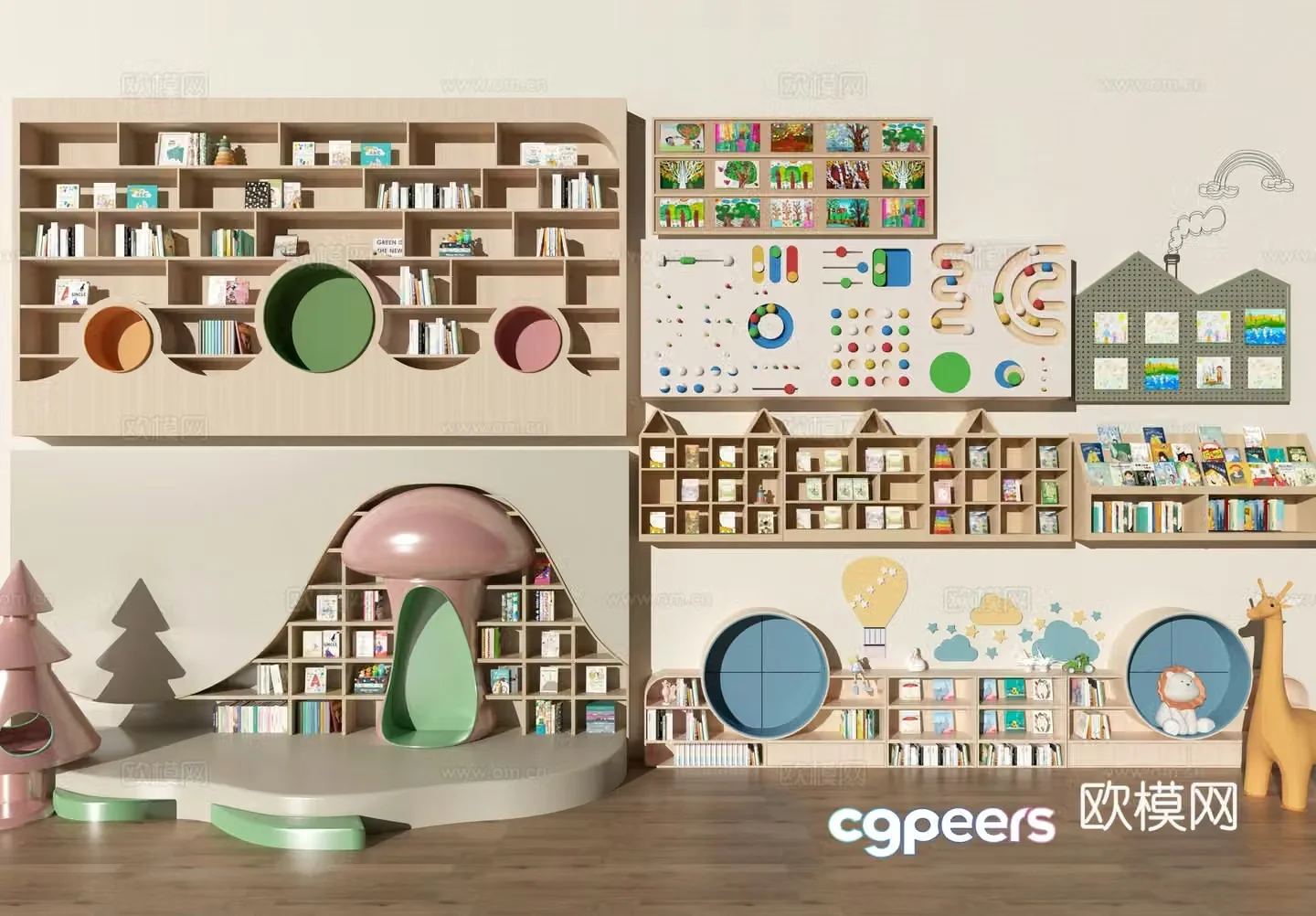 Kindergarten bookshelf Kindergarten bookcase Reading room Kindergarten table and chair 3D model