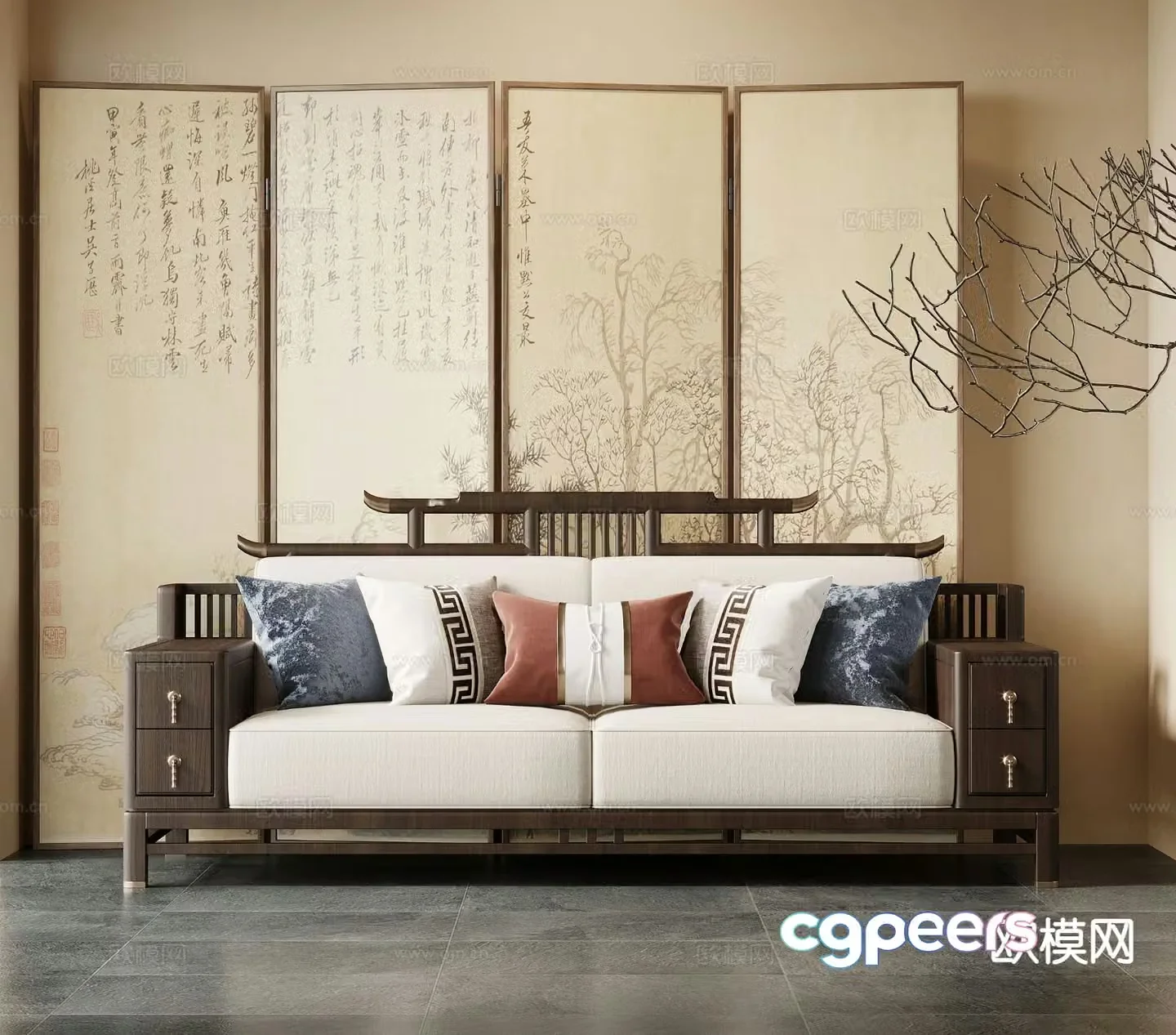 New Chinese style double sofa 3d model
