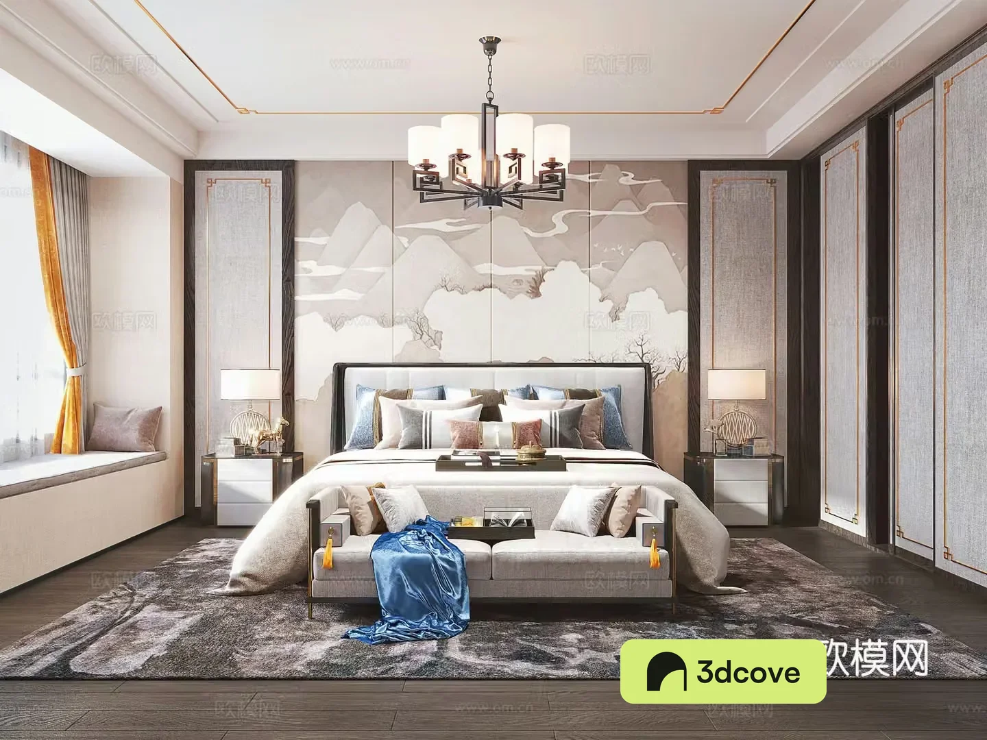 New Chinese style master bedroom New Chinese style double bed New Chinese style wardrobe Chinese style bedroom chandeliers New Chinese style bed