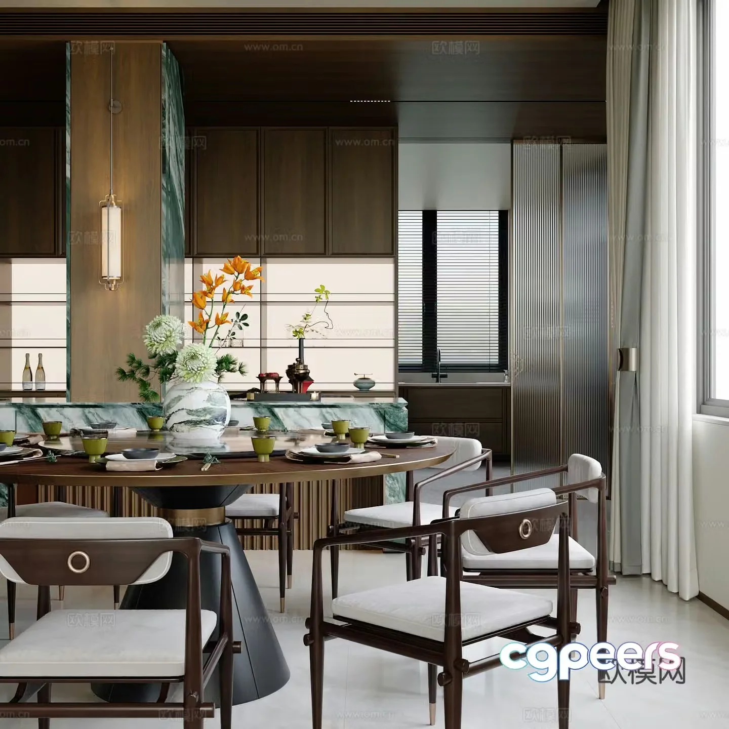 New Chinese dining table and chairs 3d model