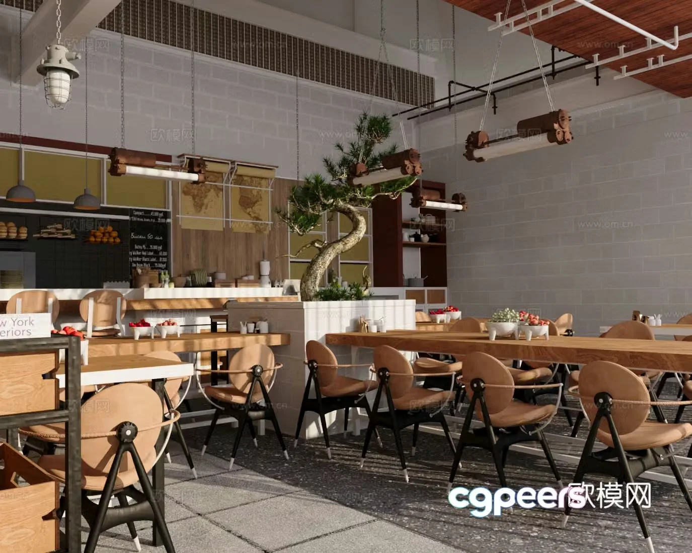 Middle-aged cafe cafe dining table and chair combination beverage operation table chandelier green plant 3D model