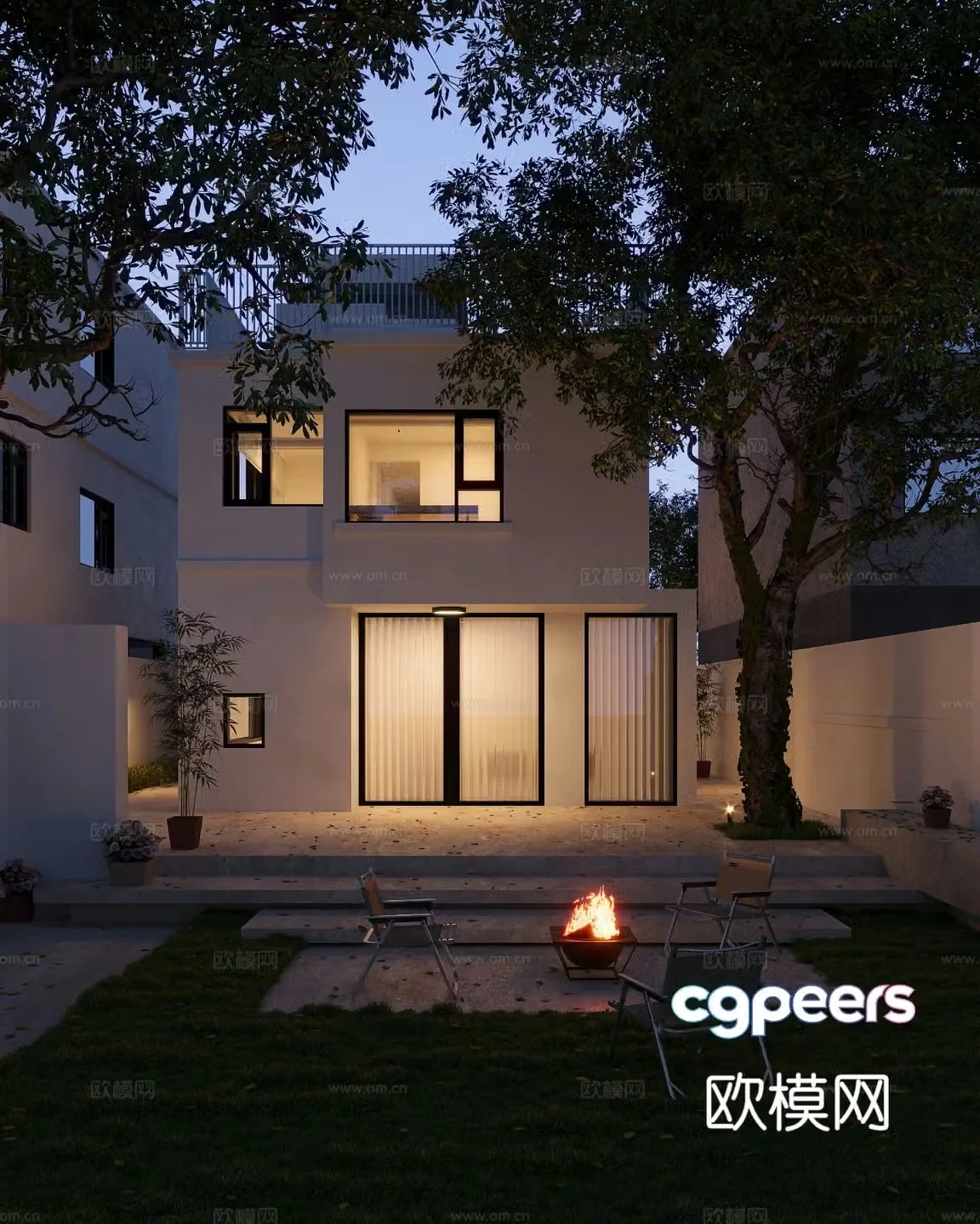 Modern courtyard landscape villa backyard night view 3d model
