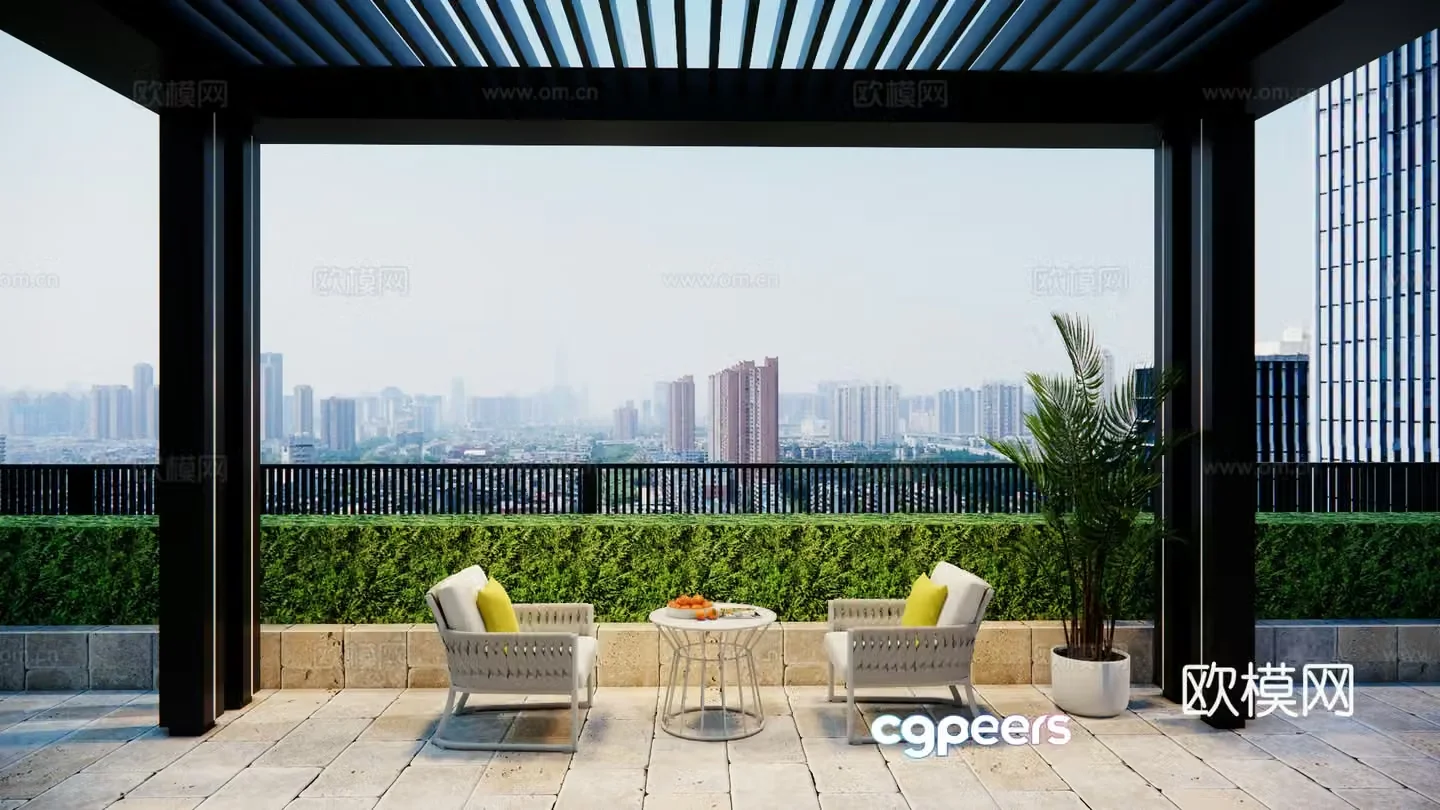 Modern outdoor courtyard garden terrace leisure chair single chair round metal coffee table metal corridor frame 3d model