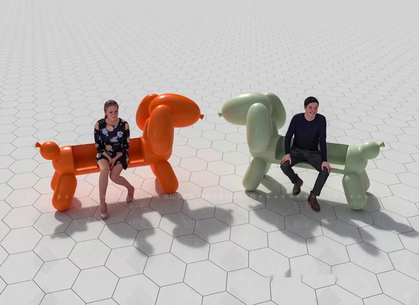 A Man And Woman Sitting On Dog-Shaped Benches 3D Model – 12740 – VRAY Render