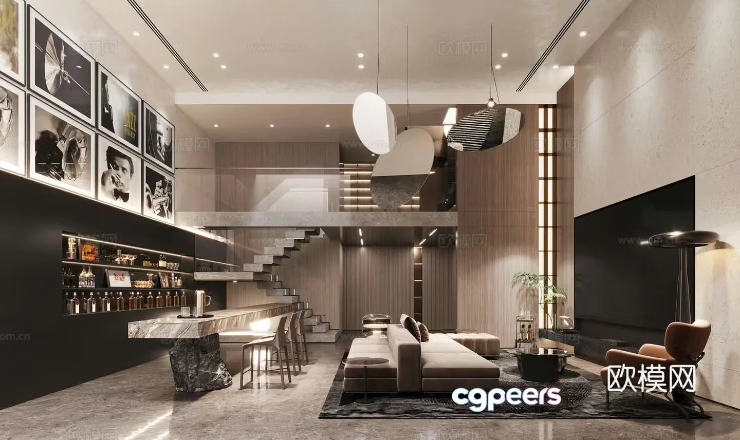 Modern light luxury villa living room 3d model