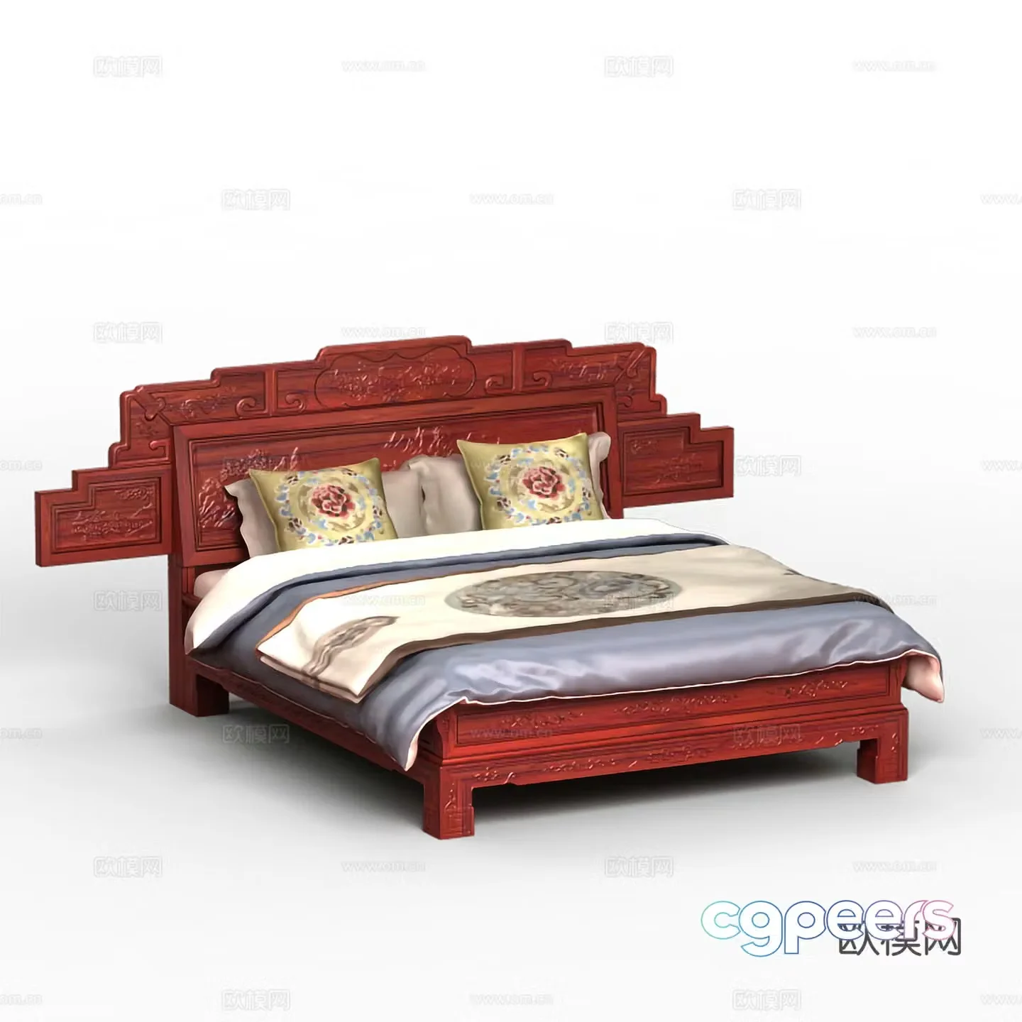 Chinese double bed carved bedside bed body solid wood mahogany 3D model