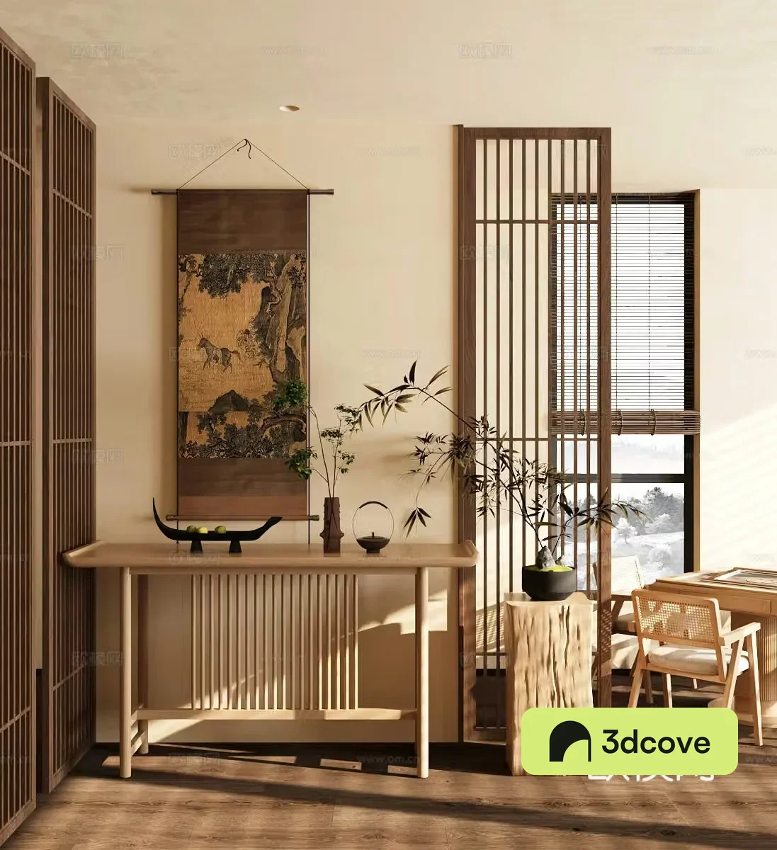New Chinese style plan end view platform table and chair combination 3D model of hanging paintings