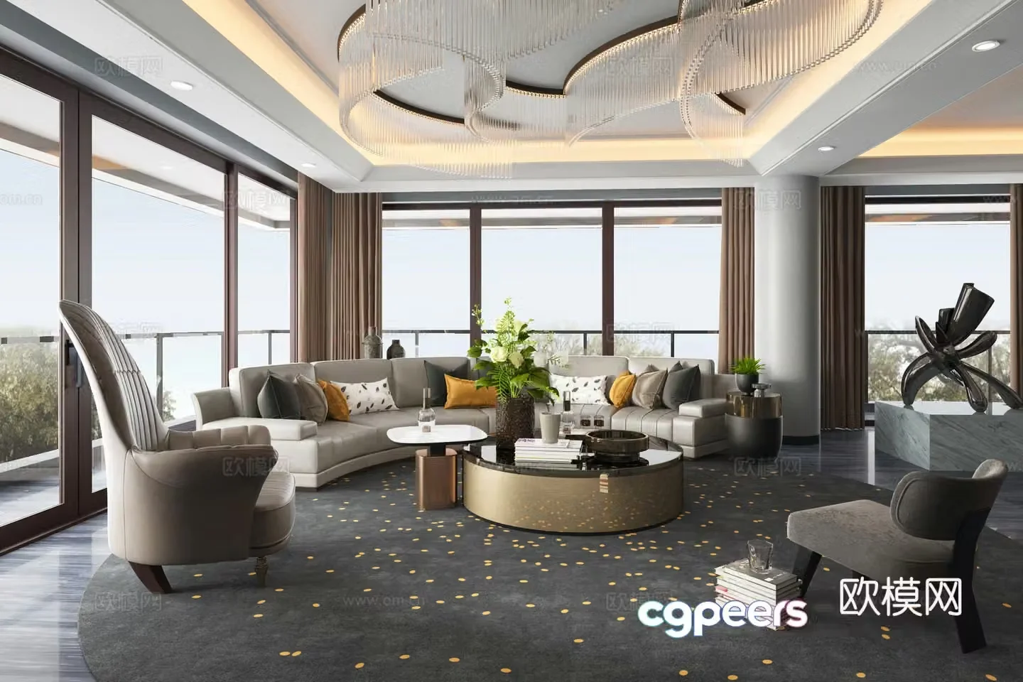 Modern light luxury living room sofa coffee table combination crystal lamp single leather sofa 3D model