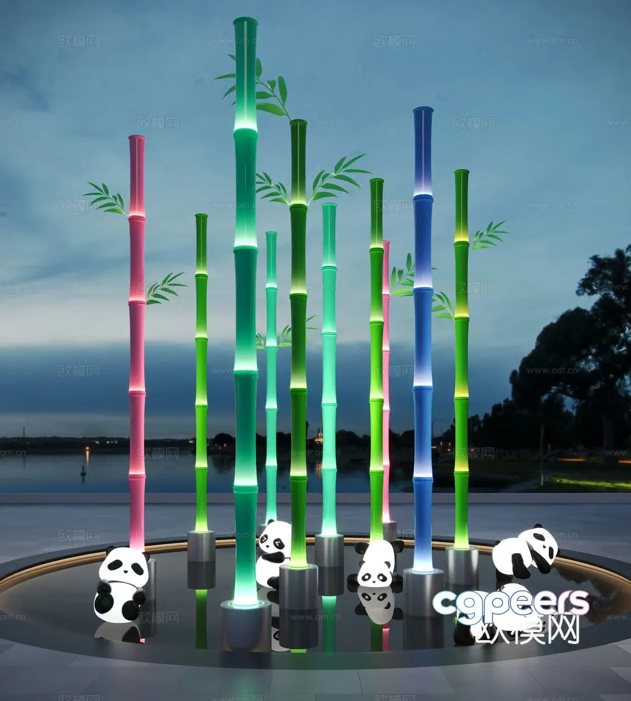Modern landscape sculpture Bamboo sculpture Panda sculpture Square sculpture installation Bamboo installation 3d model
